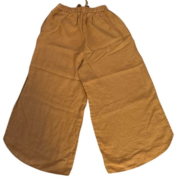 Outerknown S 100% Linen Wide Leg Cropped Pants Pockets Mustard Yellow Pull On - Picture 2 of 5